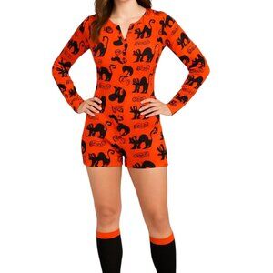 Women's Orange Black Cat Halloween Short Onsie With Matching Socks Size S NWOT